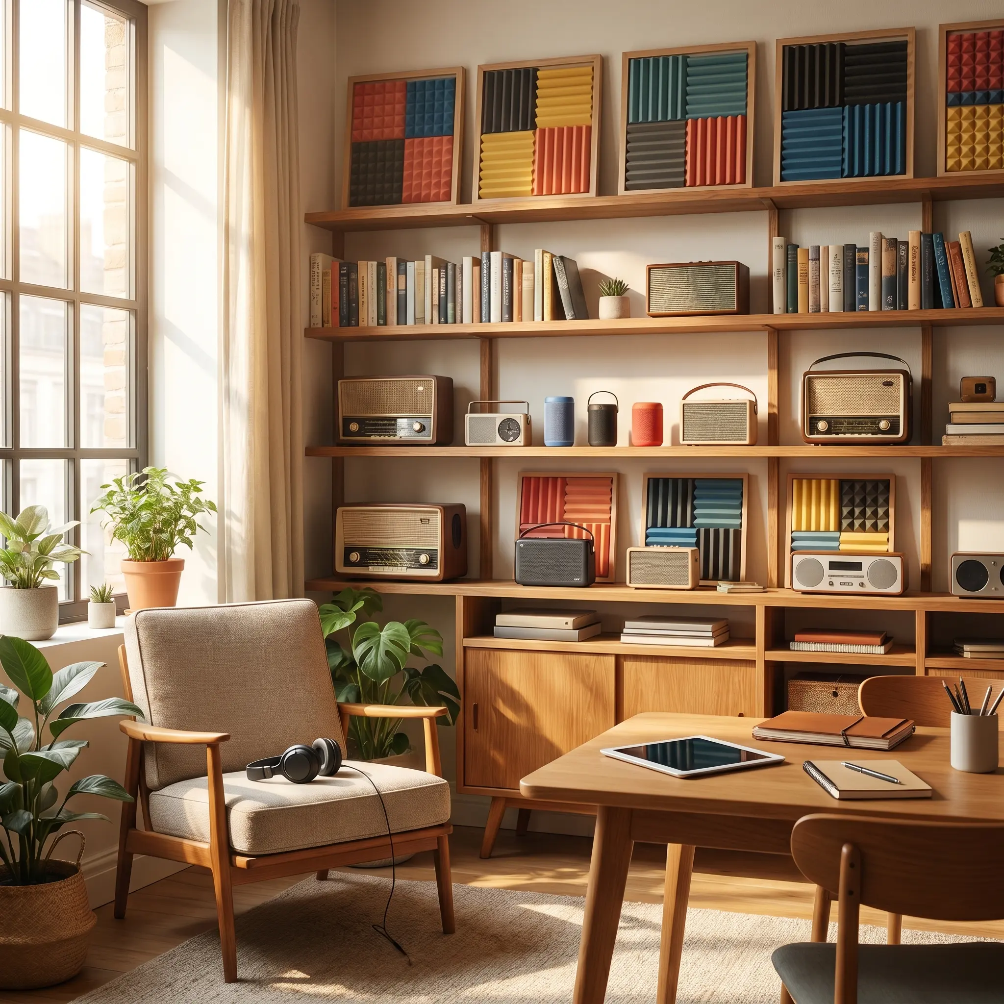A listening studio shelf with audio books, speakers, and acoustic samples