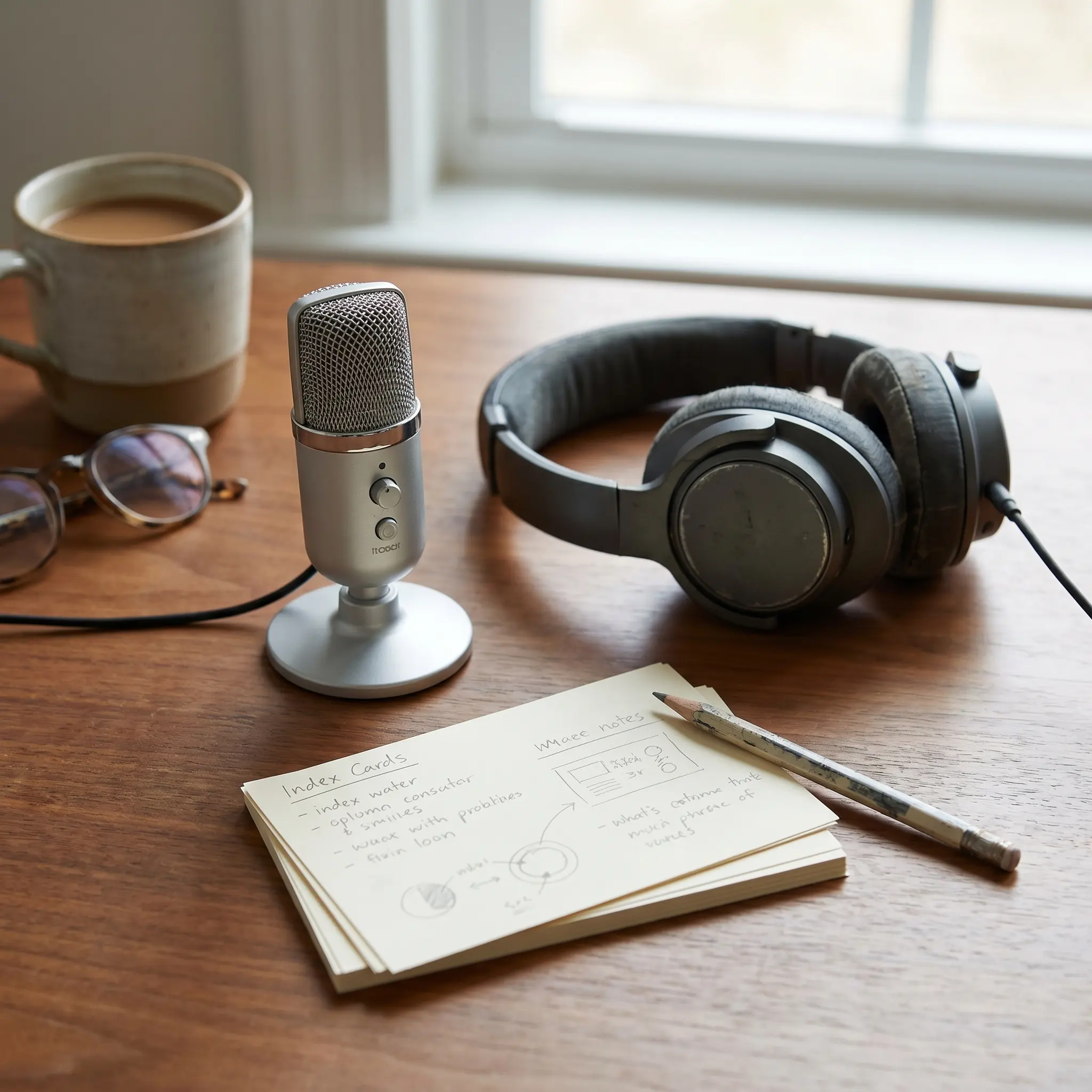 Headphones, microphone, index cards, and pencils prepared for Soriu article notes