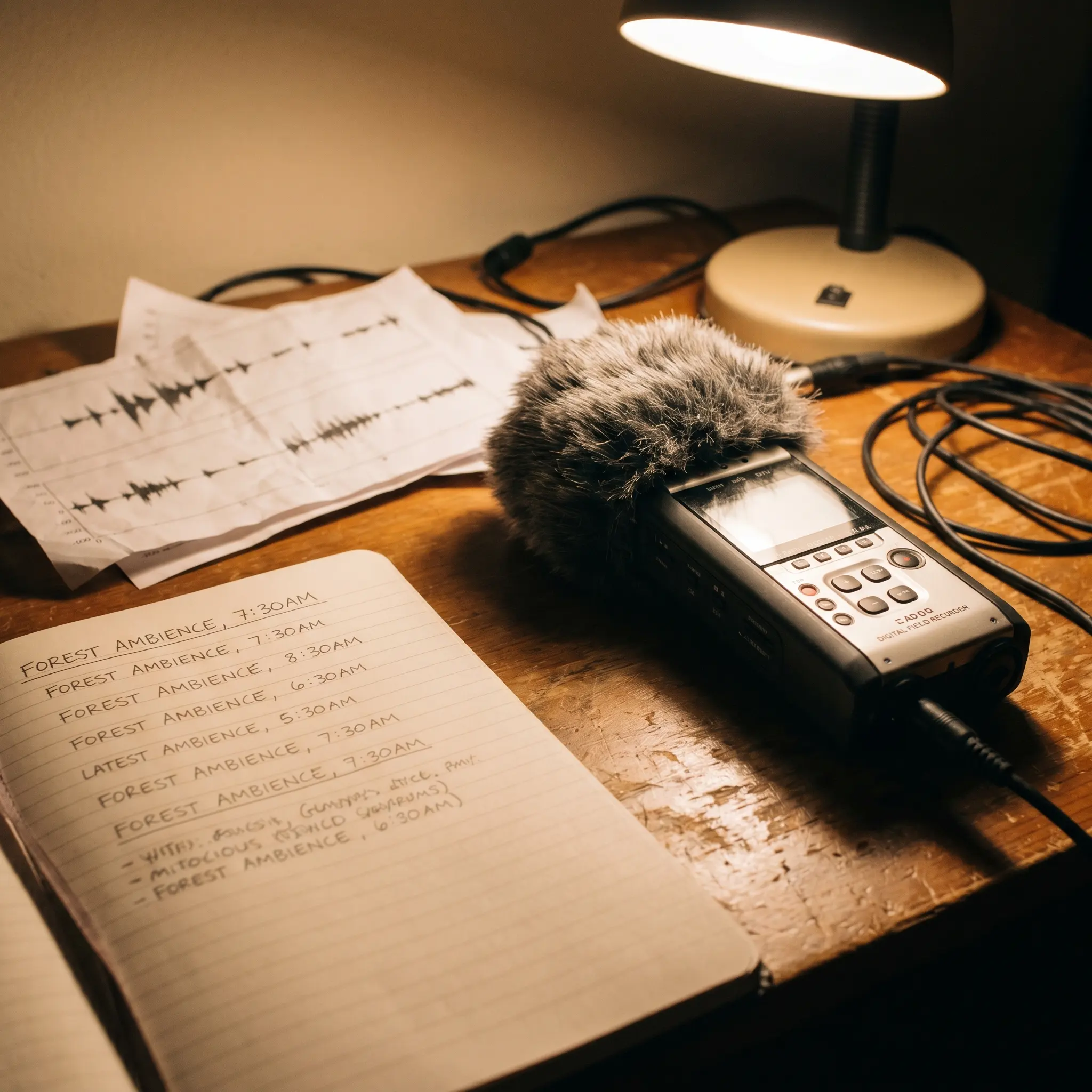 Small field recorder, waveform paper, and compact audio notes on a warm desk