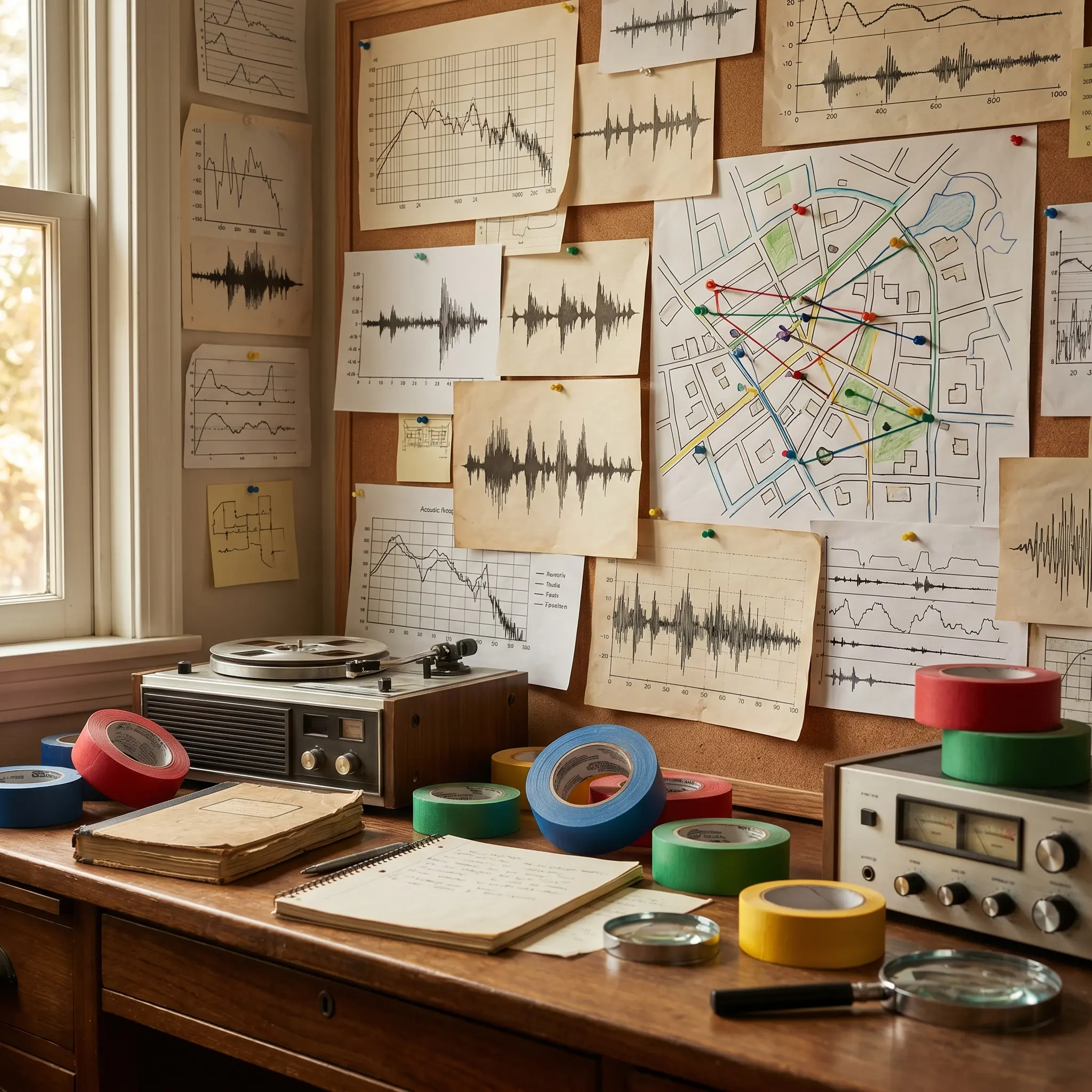 Pinned acoustic sketches and frequency curves arranged like a signal map